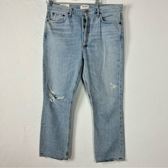 Agolde Jeans Denim Riley High Rise Straight Crop Shatter Vintage Light Wash Blue - Picture 1 of 12